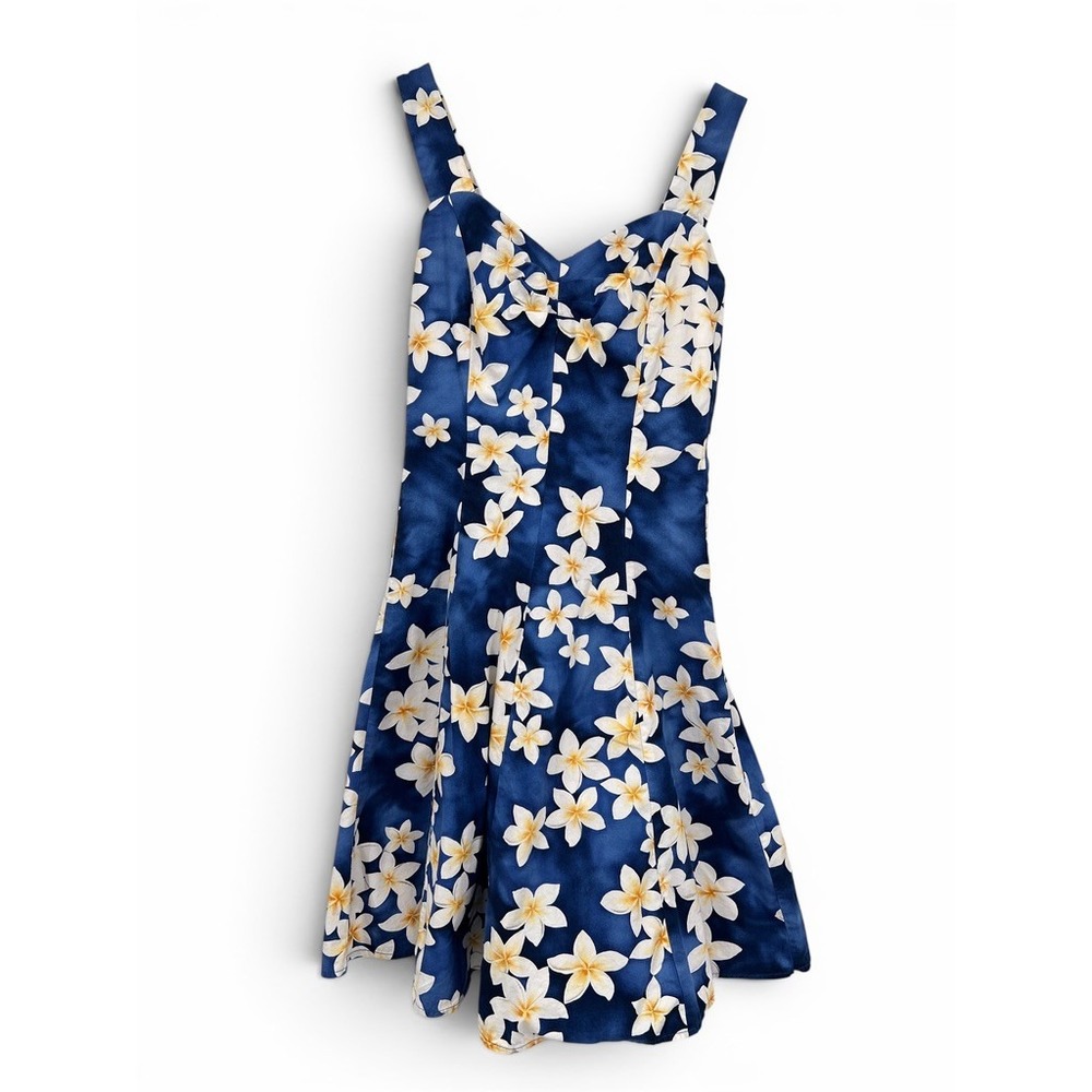Royal Creations Hawaiian Floral Sun Dress Blue Plumeria Cotton Smocked Back S
